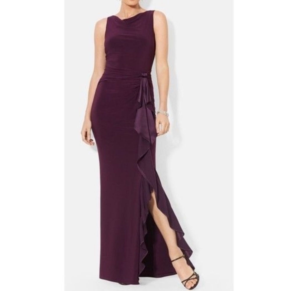 Ralph Lauren Evening Purple Raisin Frill Ruffle Sleeveless Cowl Neck Gown Dress